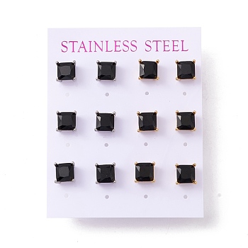 6 Pairs Tiny Cubic Zirconia Square Stud Earrings, 304 Stainless Steel Jewelry for Women, Mixed Color, Black, 8x8mm, Pin: 0.7mm