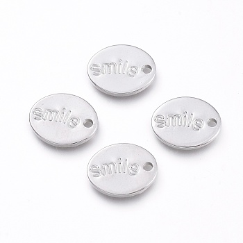 Brass Charms, Long-Lasting Plated, Oval with Word Smile, Platinum, 11x9x1mm, Hole: 1.4mm