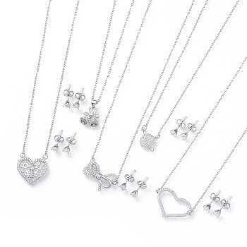 304 Stainless Steel Jewelry Sets, Brass Micro Pave Cubic Zirconia Pendant Necklaces and 304 Stainless Steel Stud Earrings, with Ear Nuts/Earring Back, Mixed Shapes, Clear, Stainless Steel Color, 17.5~18.8 inch(44.5~48cm), 5.5x4mm, Pin: 0.8mm