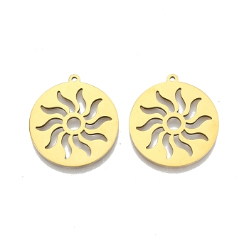 Ion Plating(IP) 201 Stainless Steel Pendants, Flat Round with Sun, Real 18K Gold Plated, 27x25x1.5mm, Hole: 1.4mm