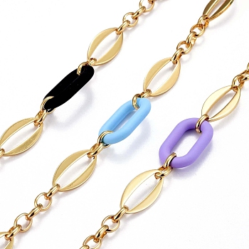 Handmade Brass Oval Link Chains, with Acrylic Linking Rings, Unwelded, Real 18K Gold Plated, Colorful, Link: 8.5x6.5x2mm and 24x12x2mm, Acrylic: 27.5x16.5x4.5mm. 