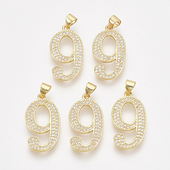 Brass Cubic Zirconia Pendants, Real 14K Gold Plated, Clear, Number, Num.8, 23x13x1.5mm, Hole: 4x3mm