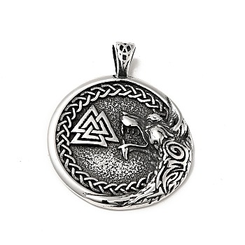 304 Stainless Steel Manual Polishing Pendants, Flat Round with Valknut Pattern Charms, Antique Silver, 48x39x8mm, Hole: 5x7.5mm