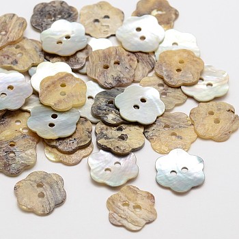 Flower Mother of Pearl Buttons, Akoya Shell Button, 2-Hole, Camel, 14x1mm, Hole: 1.5mm, about 720pcs/bag