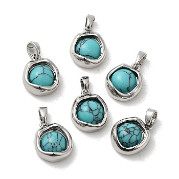 Synthetic Turquoise Brass Flat Round Charms, Real Platinum Plated, 14x11.5x6mm, Hole: 4x3mm