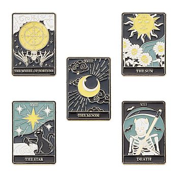 5Pcs 5 Style Fashion Tarot Card Enamel Pins, Golden Alloy Sun & Star & Moon & Skull Brooches for Backpack Clothes, Mixed Color, 30.5x21x10mm, Pin: 1mm, 1Pc/style