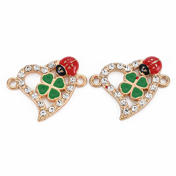 Alloy Links Connectors, with Enamel and Crystal Rhinestone, Light Gold, Heart with Ladybird, Sea Green, 18x23x3mm, Hole: 1.8mm