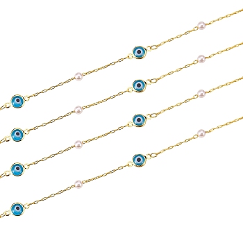 Handmade Brass Paperclip Chains, Drawn Elongated Cable Chains, with Enamel and Imitation Pearl Glass Beads, Long-Lasting Plated, Soldered, with Card Paper, Evil Eye, Golden, 2.5x1x0.4mm and 4x2.5x0.5mm, 2meters/card