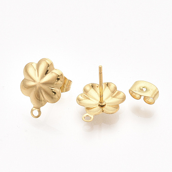 304 Stainless Steel Stud Earring Findings, with Loop and Ear Nuts/Earring Backs, Flower, Golden, 13.5x10mm, Hole: 1mm, Pin: 0.7mm
