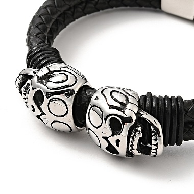 304 Stainless Steel Skull Beaded Double Loops Multi-strand Bracelet with Magnetic Clasp(BJEW-C021-23P)-4