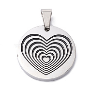 304 Stainless Steel Pendants, with Enamel, Polishing, Flat Round with Heart, Stainless Steel Color, 25x3mm, Hole: 7.5x5mm(STAS-Z027-03A-P)