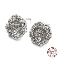 Rhodium Plated 925 Sterling Silver Stud Earring Findings, Earring Settings for Half Drilled Beads, with S925 Stamp, Real Platinum Plated, 11x10.5mm, Pin: 10.5x0.7mm and 0.7mm(STER-Q192-03P)