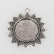Tibetan Style Alloy Sun Pendant Cabochon Settings, Cadmium Free & Lead Free, Antique Silver, Flat Round Tray: 25mm, 46x41x2mm, Hole: 3mm, about 125pcs/kg(TIBEP-N003-70AS)