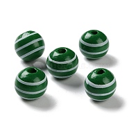 Printed Wood European Beads, Round with Stripe Pattern, Dark Green, 15.5~16x14.5~15mm, Hole: 4mm(WOOD-Z002-07G)