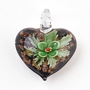 Handmade Lampwork Pendants, Heart with Inner Flower, Green, 39x32.5x16mm, Hole: 7mm(LAMP-F013-01)