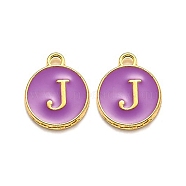 Golden Plated Alloy Enamel Charms, Enamelled Sequins, Flat Round with Alphabet, Letter.J, Purple, 14x12x2mm, Hole: 1.5mm(X-ENAM-Q437-12J)