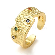 Rack Plating Brass Micro Pave Colorful Cubic Zirconia Open Cuff Rings for Women, Real 18K Gold Plated, Inner Diameter: 17.4mm(RJEW-M162-12G)