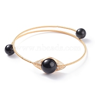 Natural Obsidian Round Beaded Bangle, Adjustable Copper Wire Torque Bangle for Women, Golden, Inner Diameter: 2 inch(5.2cm)(BJEW-JB07816-04)