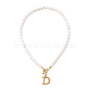 304 Stainless Steel Pendant Necklaces, with Natural Cultured Freshwater Pearl Beads and Toggle Clasps, Letter, Golden, Letter.D, 15.94 inch(40.5cm), Letter D: 20x16x1.5mm(NJEW-JN03090-02)