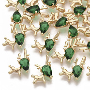Brass Cubic Zirconia Charms, Christmas Reindeer/Stag, for Christmas, Green, Nickel Free, Real 18K Gold Plated, 12.5x9.5x4.5mm, Hole: 1.4mm(KK-T055-018G-NF)