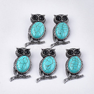 Synthetic Turquoise Brooches/Pendants, with Rhinestone and Alloy Findings, Owl, Antique Silver, 51x28~29x15~16.5mm, Hole: 4.5x8.5mm, Pin: 0.5mm(G-S353-05K)