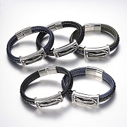 Men's Braided Leather Cord Bracelets, with 304 Stainless Steel Findings and Magnetic Clasps, Rectangle with Anchor, Mixed Color, 8-5/8 inch(220mm)(BJEW-H559-06)