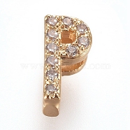 Golden Plated Brass Micro Pave Cubic Zirconia Slide Charms, Letter, Clear, Letter.P, 7~7.5x1.5~6.5x3mm, Hole: 6x1mm(ZIRC-L075-61P-G)