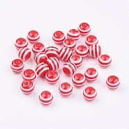 Round Striped Resin Beads, Red, 8x7mm, Hole: 1.8~2mm(X-RESI-R158-8mm-03)