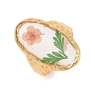 Oval Ion Plating(IP) 304 Stainless Steel Open Cuff Rings for Women, with Epoxy Resin & Dried Flower inside, Golden, 26mm, Adjustable(RJEW-Z052-04G)