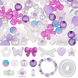 DIY Cute Beaded Stretch Bracelet Making Kit, Including Flower & Star & Bowknot & Heart & Butterfly & Candy Acrylic Beads, Elastic Thread, Purple, 10.5x11x7mm, Hole: 1.5mm, Beads: 150Pcs/bag(DIY-SC0020-60B)