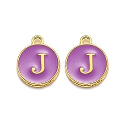 Golden Plated Alloy Enamel Charms, Enamelled Sequins, Flat Round with Alphabet, Letter.J, Purple, 14x12x2mm, Hole: 1.5mm(X-ENAM-Q437-12J)