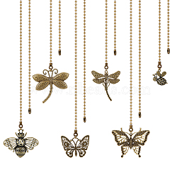 6Pcs 6 Style Insect Theme Tibetan Style Alloy Ceiling Fan Pull Chain Extenders, with Iron Ball Chain, Dragonfly/Butterfly/Bees, Antique Bronze, 342~370mm, 1pc/style(PALLOY-AB00232)