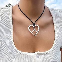 Alloy Pendant Necklaces, with Wax Rope, Jewely for Women, Heart, Antique Silver, 58.54 inch(148.7cm)(NJEW-K261-09E-AS)