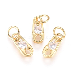 Brass Charms, with Cubic Zirconia and Jump Rings, Safety Pin, Clear, Golden, 10x4.5x2mm, Hole: 3.5mm(ZIRC-L070-72G)