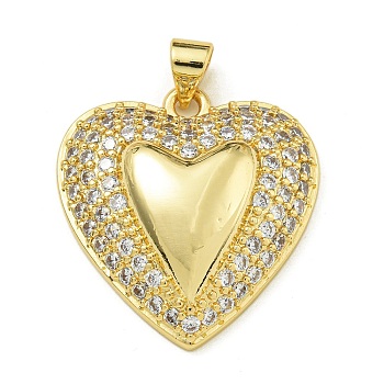 Rack Plating Brass Micro Pave Clear Cubic Zirconia Pendants, Long-Lasting Plated, Lead Free & Cadmium Free, Heart, Real 18K Gold Plated, 24x22.5x7mm, Hole: 4x3.5mm