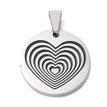 304 Stainless Steel Pendants, with Enamel, Polishing, Flat Round with Heart, Stainless Steel Color, 25x3mm, Hole: 7.5x5mm