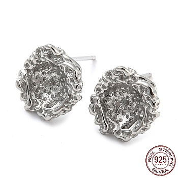 Rhodium Plated 925 Sterling Silver Stud Earring Findings, Earring Settings for Half Drilled Beads, with S925 Stamp, Real Platinum Plated, 11x10.5mm, Pin: 10.5x0.7mm and 0.7mm