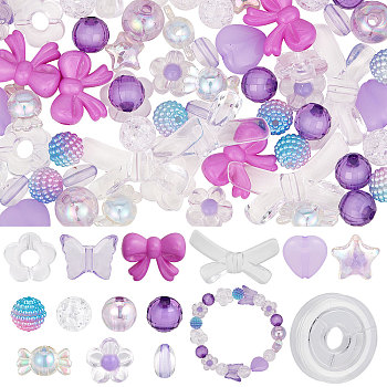 DIY Cute Beaded Stretch Bracelet Making Kit, Including Flower & Star & Bowknot & Heart & Butterfly & Candy Acrylic Beads, Elastic Thread, Purple, 10.5x11x7mm, Hole: 1.5mm, Beads: 150Pcs/bag