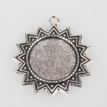 Tibetan Style Alloy Sun Pendant Cabochon Settings, Cadmium Free & Lead Free, Antique Silver, Flat Round Tray: 25mm, 46x41x2mm, Hole: 3mm, about 125pcs/kg