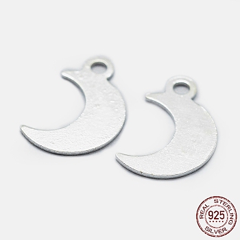 925 Sterling Silver Charms, Moon, with S925 Stamp, Silver, 11x7x0.5mm, Hole: 1mm
