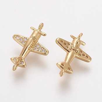 Brass Cubic Zirconia Links, Long-Lasting Plated, Propeller Airplane, Clear, Real 18K Gold Plated, 16.5x11.5x5mm, Hole: 0.8mm