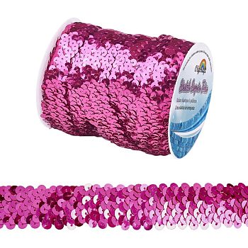 Plastic Paillette Elastic Beads, Sequins Beads, Ornament Accessories, 3 Rows Paillette Roll, Flat Round, Fuchsia, 25x1.5mm, 10m/roll
