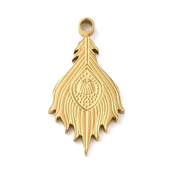 Ion Plating(IP) 304 Stainless Steel Pendants, Peacock Feather Charm, Golden, 27x14x2mm, Hole: 2mm