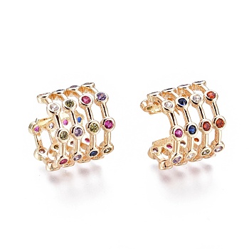 Brass Micro Pave Cubic Zirconia Cuff Earrings, Colorful, Golden, 14.5x13x12mm, Inner Diameter: 11.2mm