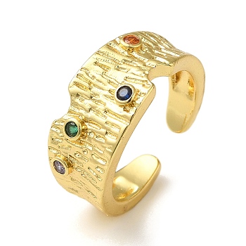 Rack Plating Brass Micro Pave Colorful Cubic Zirconia Open Cuff Rings for Women, Real 18K Gold Plated, Inner Diameter: 17.4mm