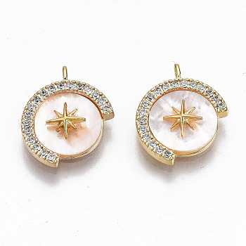 Brass Micro Pave Clear Cubic Zirconia Charms, with Freshwater Shell, Nickel Free, Flat Round with Star, Real 18K Gold Plated, 14x11.5x3mm, Hole: 1.2mm