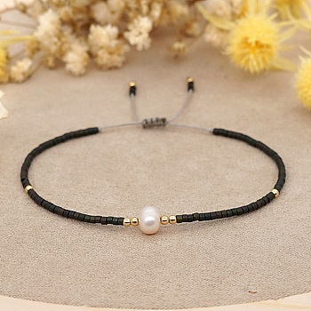 Glass Imitation Pearl & Seed Braided Bead Bracelets, Adjustable Bracelet, Black, 11 inch(28cm)