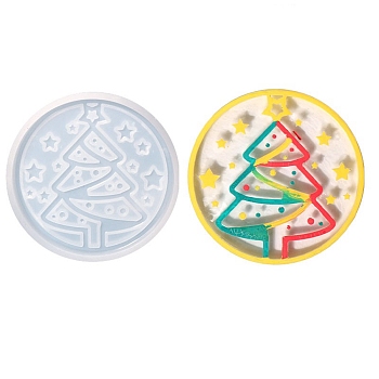 DIY Christmas Tree Pattern Cup Mat Silicone Molds, Resin Casting Molds, for UV Resin & Epoxy Resin Craft Making, Flat Round, White, 87x9.5mm, Inner Diameter: 80mm