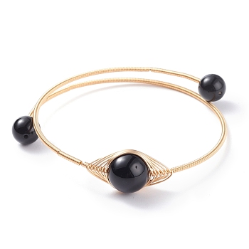 Natural Obsidian Round Beaded Bangle, Adjustable Copper Wire Torque Bangle for Women, Golden, Inner Diameter: 2 inch(5.2cm)