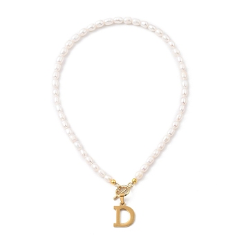 304 Stainless Steel Pendant Necklaces, with Natural Cultured Freshwater Pearl Beads and Toggle Clasps, Letter, Golden, Letter.D, 15.94 inch(40.5cm), Letter D: 20x16x1.5mm